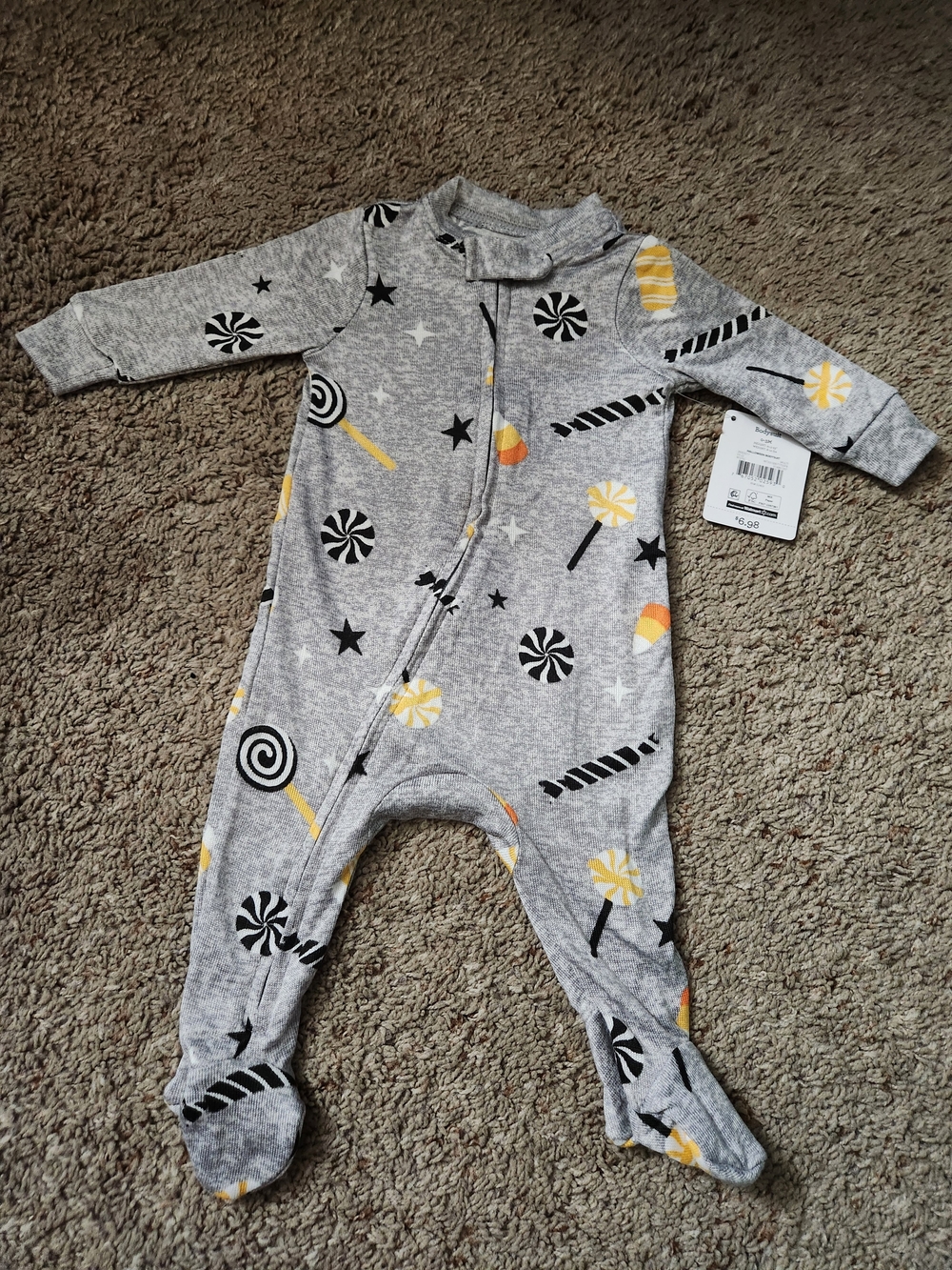 Grey Candy-Print Footed One-Piece Bodysuit for Kids Size 0-3M
